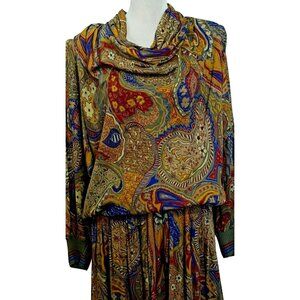 Women's Vintage Two piece dress Skirt Blouse Cowl Neck Green Paisley M/L